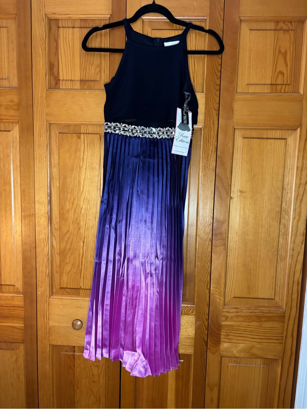 Rare Editions Navy and Purple Pleated Dress with Jeweled Waist